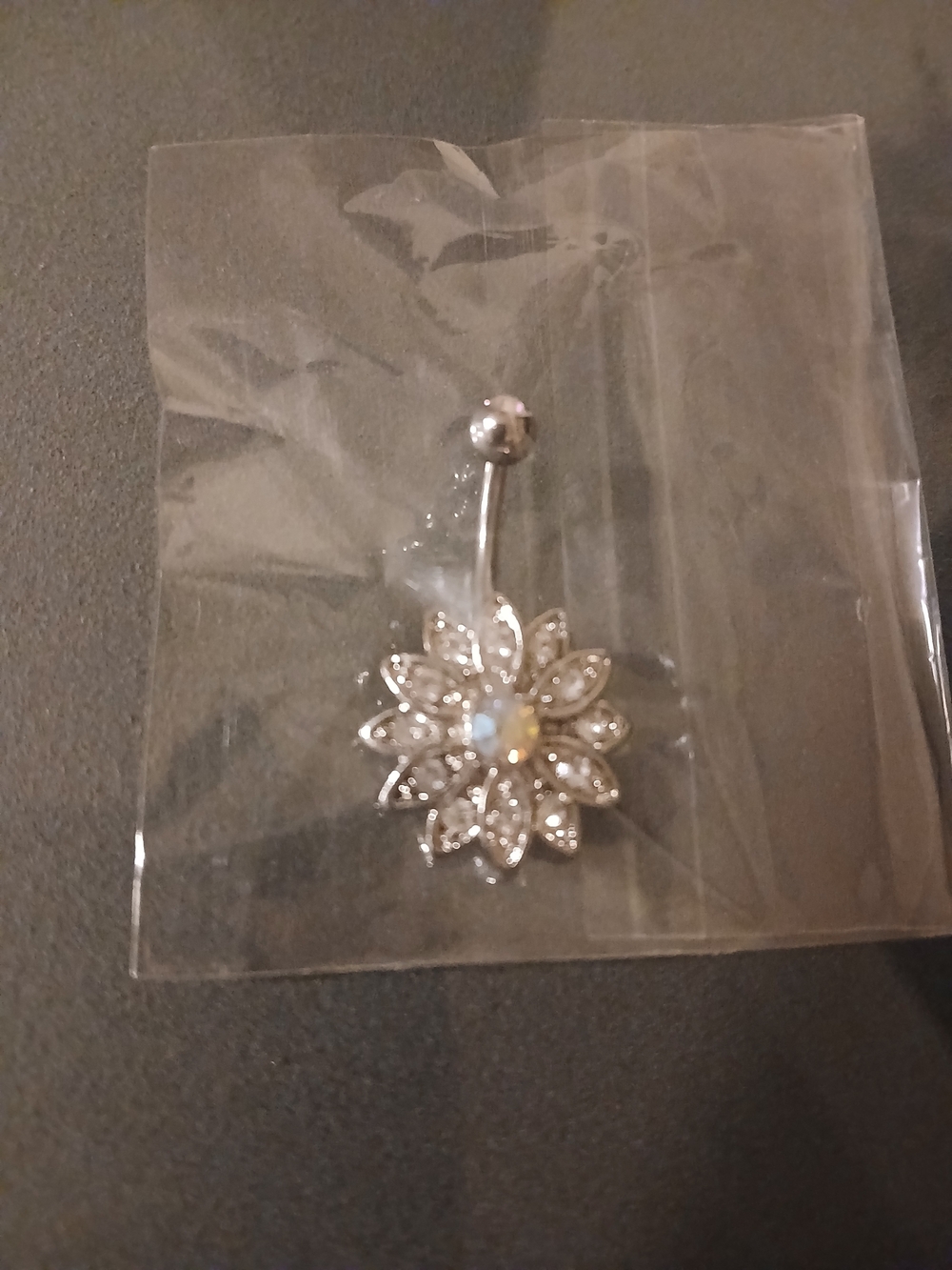 Silver Floral Crystal Belly Button Ring - Clear/White
